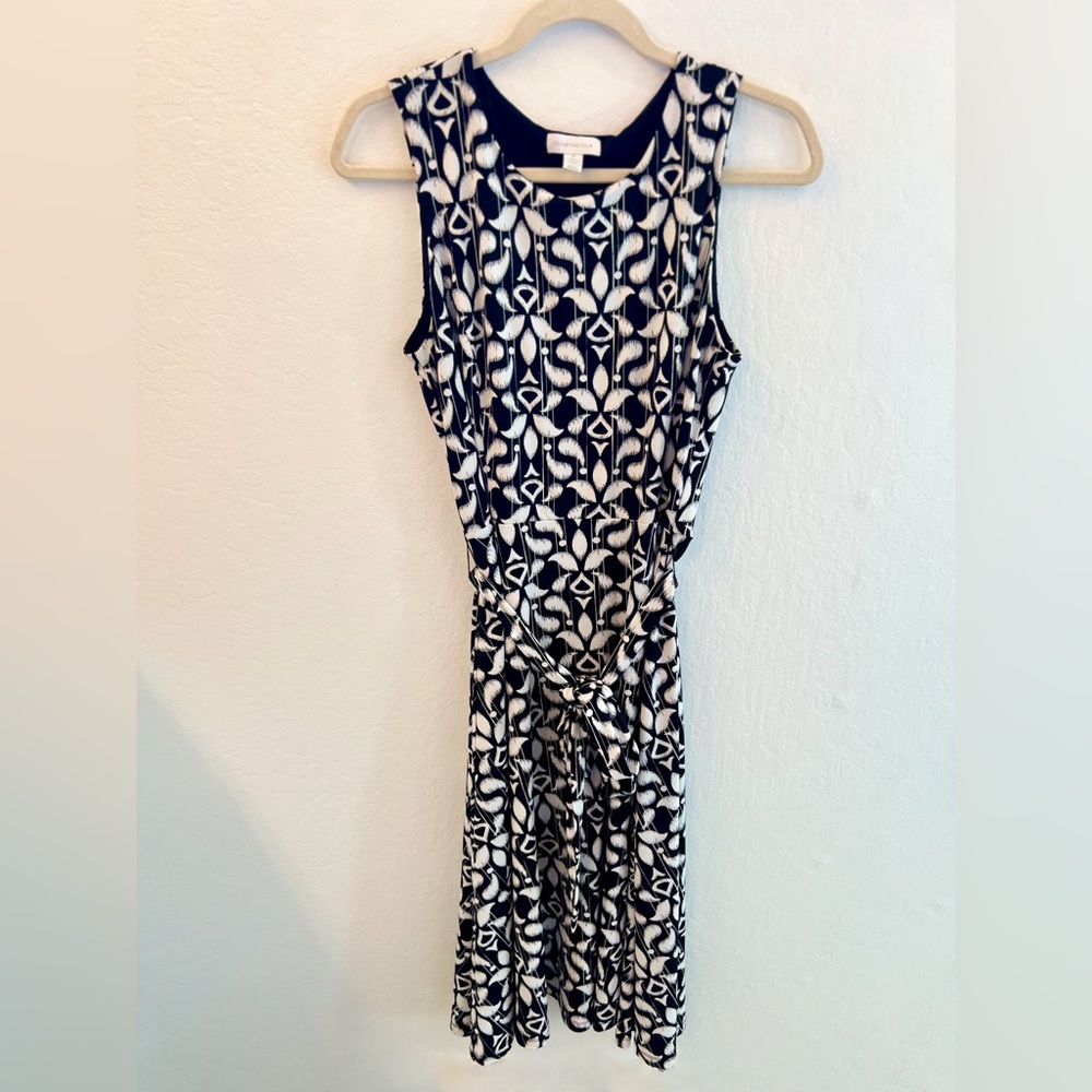 Charter Club Dress Women’s Medium Black White Tie Waist Fit & Flare Print Lined